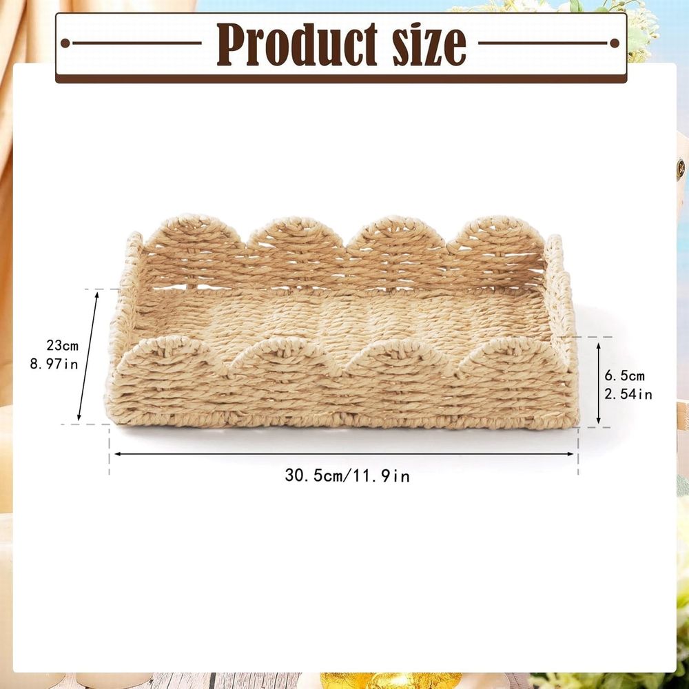 Woven water hyacinth decorative serving tray with scalloped edges, rattan accents, ideal for home decor and table centerpieces.