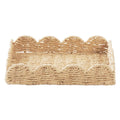 Woven water hyacinth scalloped serving tray with rattan wood accents, ideal for home decor or as a table centerpiece.