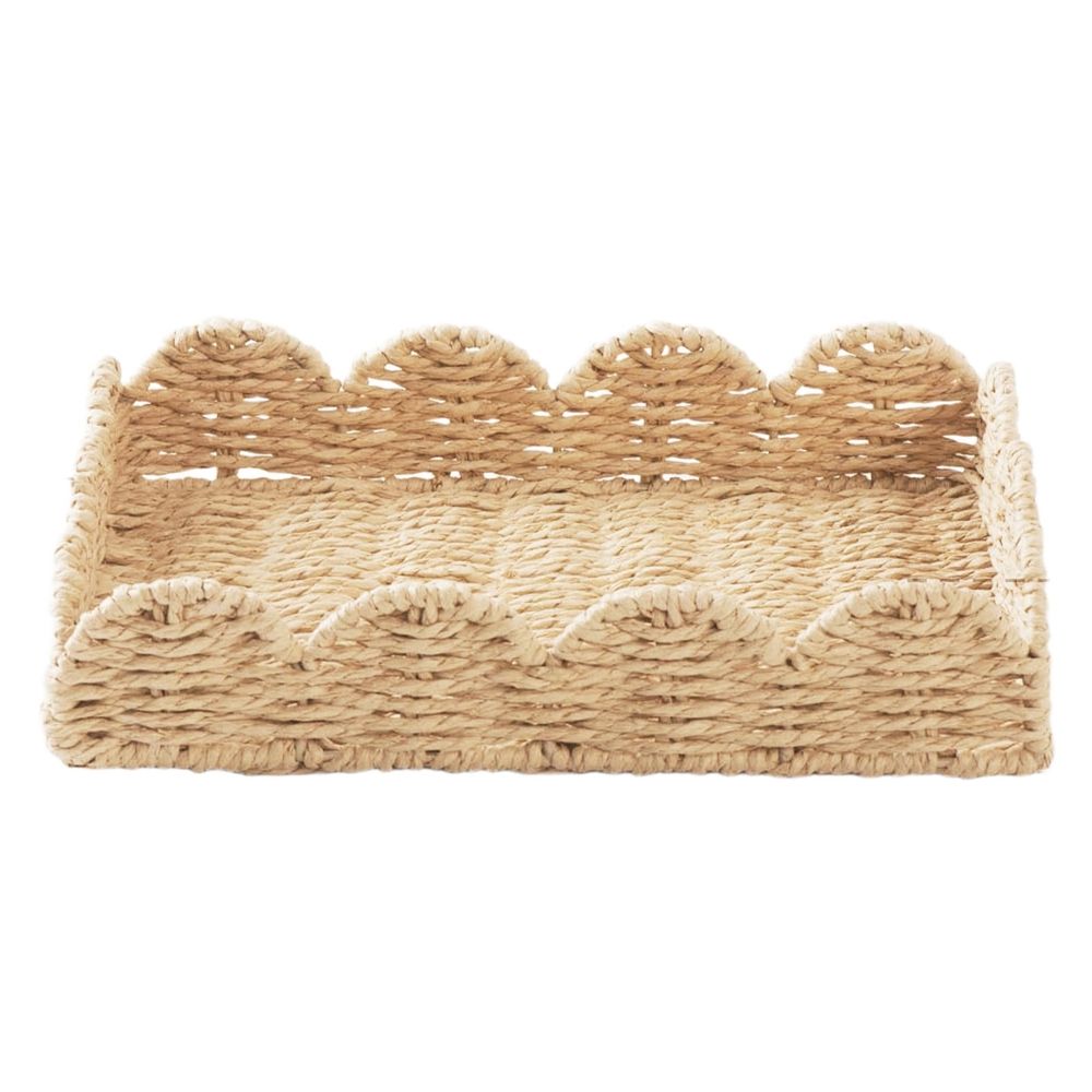 Woven water hyacinth scalloped serving tray with rattan wood accents, ideal for home decor or as a table centerpiece.