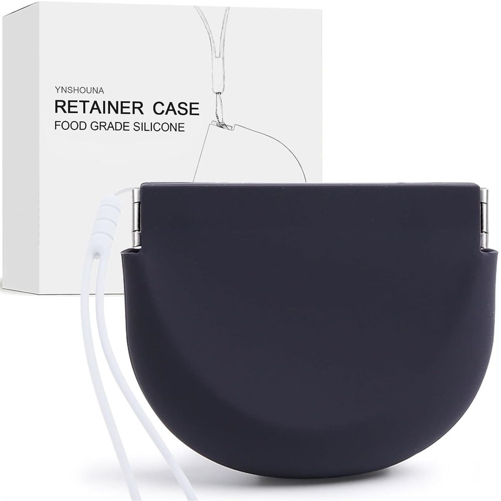 Light blue silicone retainer case with lanyard, vent holes, for braces, night guards, and orthodontic accessories, portable and travel-friendly.