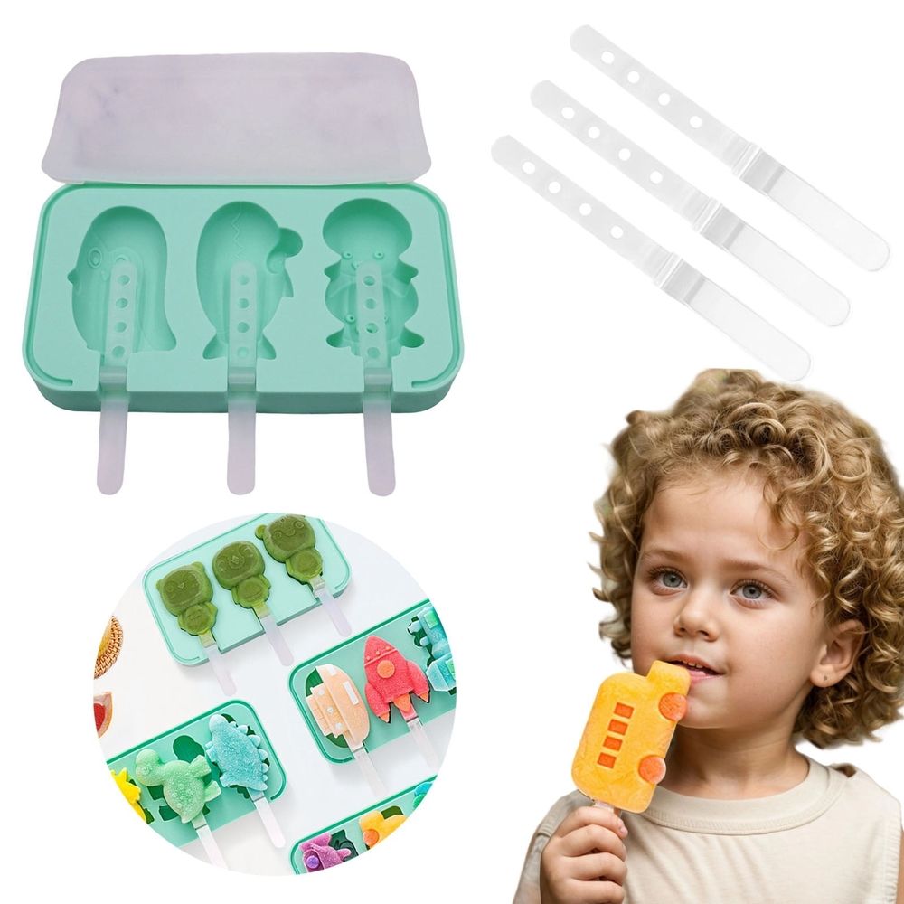 Silicone ice tray with dinosaur and car shapes, reusable BPA-free mold with lids and sticks for fun summer frozen treats.