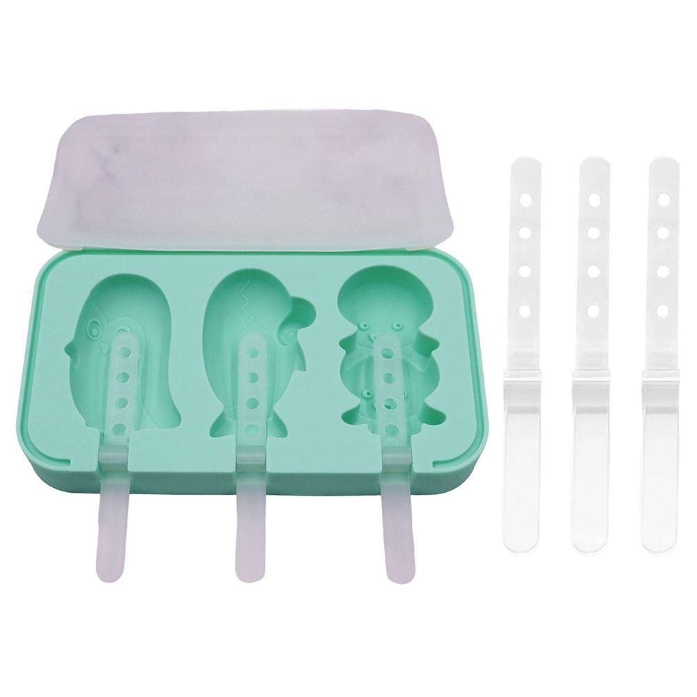Dinosaur and car-shaped silicone ice tray with lids and sticks, reusable BPA-free mold for making fun ice pops, yogurt, or juice treats.