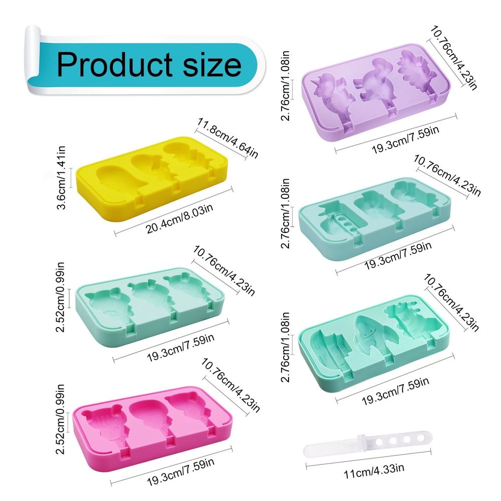 Silicone dinosaur and car-shaped ice tray with lids and sticks, reusable BPA-free mold for making fun ice pops, yogurt, and juice treats.