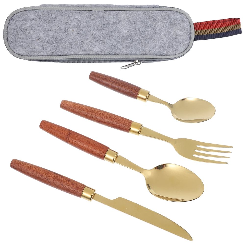 Reusable outdoor cutlery set for kids with golden wood handles and stainless steel utensils, designed for comfortable grip and outdoor play.