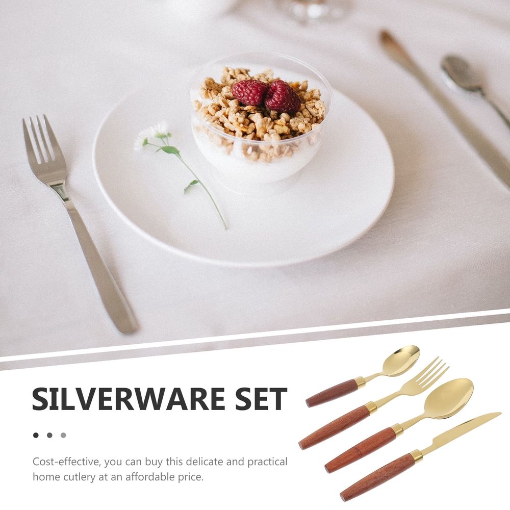 Reusable outdoor cutlery set by Everything Baby with golden wood and stainless steel utensils, designed for kids' outdoor play.
