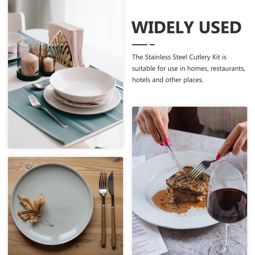 Reusable outdoor cutlery set with golden wood and stainless steel, featuring comfortable grip, for kids' outdoor play and dining.