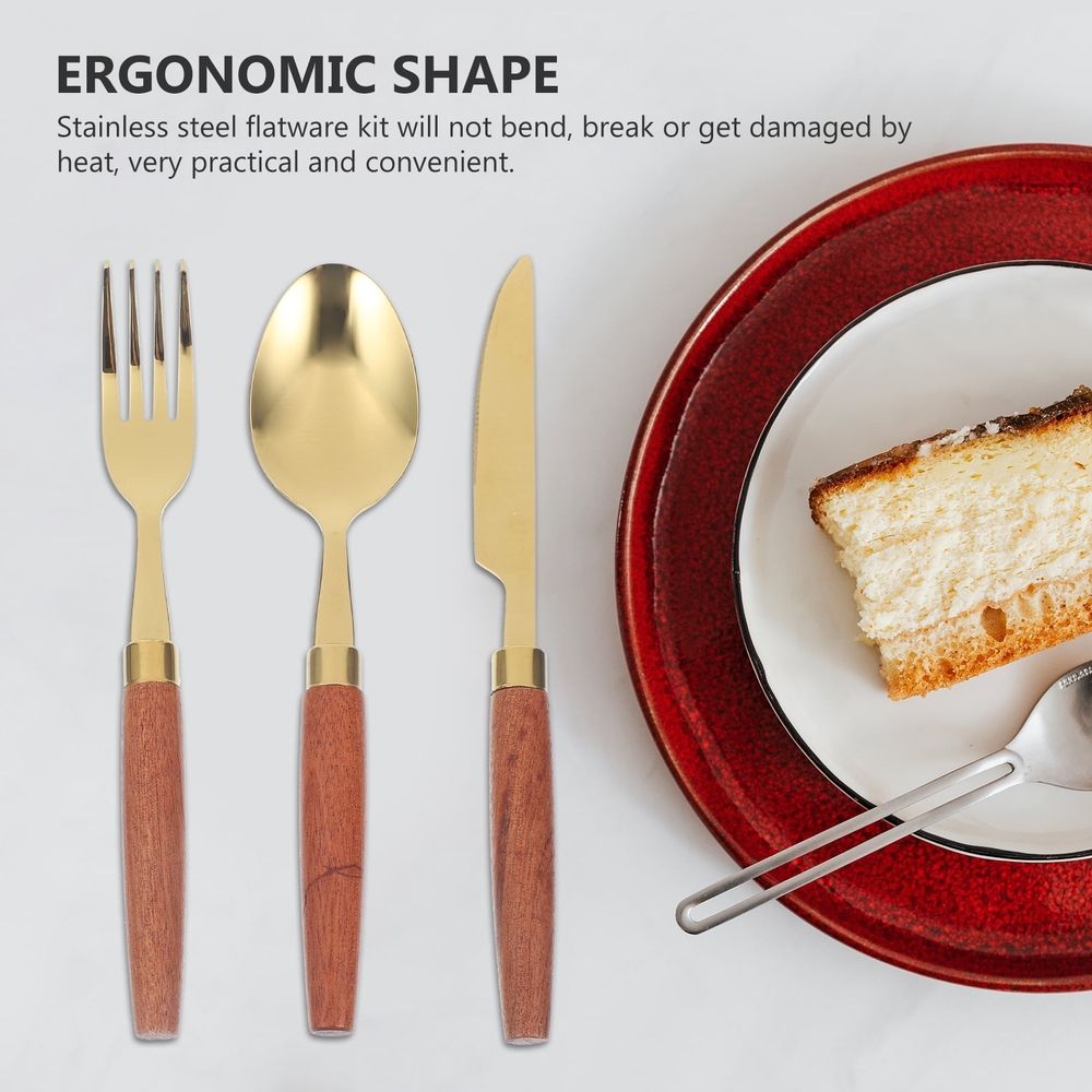 Reusable outdoor cutlery set with golden wood handles and stainless steel utensils, designed for kids' outdoor play and dining.