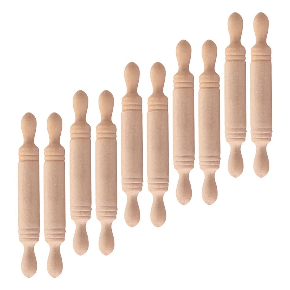 Set of 10 mini wooden rolling pins for dumpling making, tray decorations, and kids' toy set for fun and creative play.