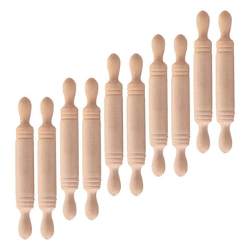 Set of 10 mini wooden rolling pins for dumpling making, tray decorations, and kids' toy set for fun and creative play.