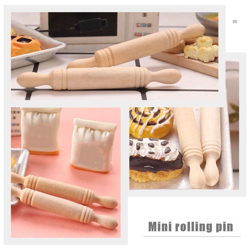 Set of 10 mini wooden rolling pins for dumpling making, tray decorations, and kids' toy set, ideal for creative play and crafting.