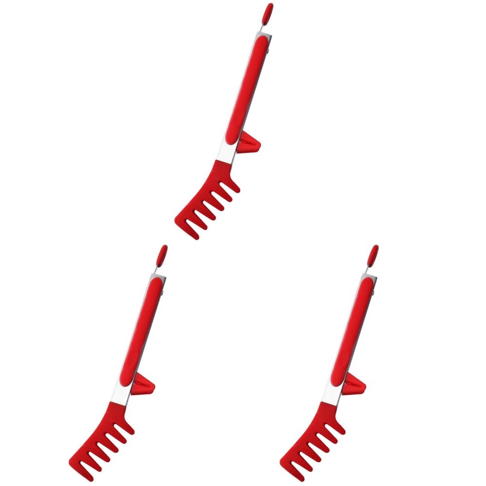Red ergonomic food clip and multi-function pasta tongs with comfortable grip, set of 3 for baby feeding and kitchen use.