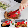 Red ergonomic food clip and multi-function pasta tong set with comfortable grip for babies and kids, 3-piece feeding tools.