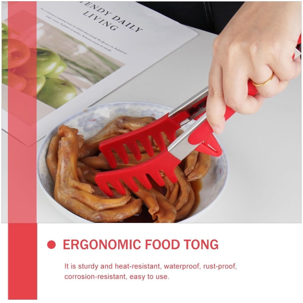 Red ergonomic food clip and multi-function pasta tongs with comfortable grip, set of 3 for baby feeding and nursing.