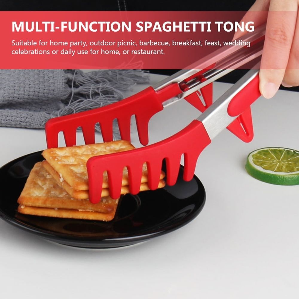 Red ergonomic food clip and multi-function pasta tongs with comfortable grip, 3-piece set for nursing and feeding.