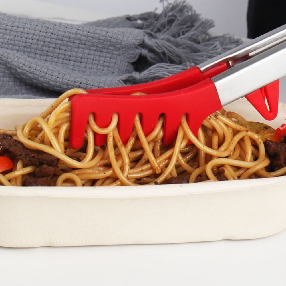Red ergonomic food clip and multi-function pasta tong set with comfortable grip, ideal for feeding and food prep.