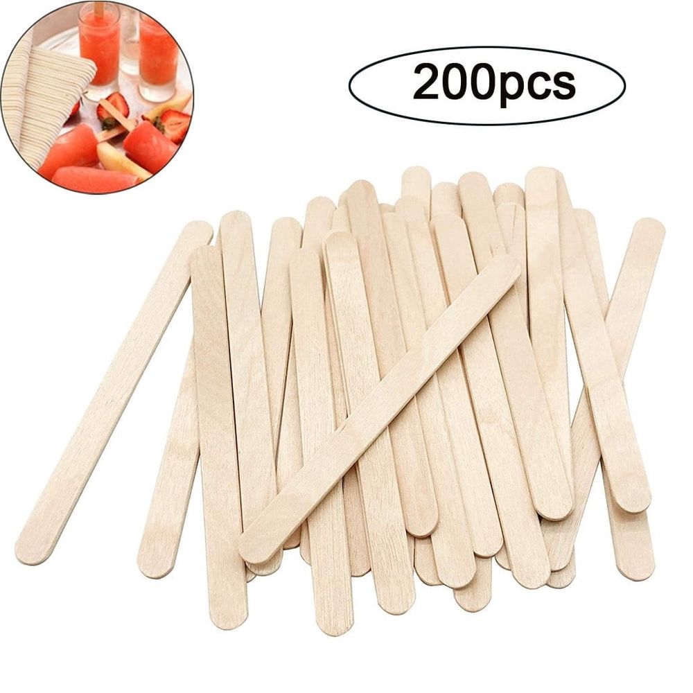 Set of 200 natural wooden craft sticks, extra long 5.5-inch popsicle sticks for DIY pretend play and craft projects for kids.