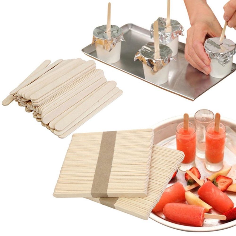 Set of 200 natural wooden craft sticks, food-grade, 5.5 inches long, ideal for DIY ice pop and pretend play projects.