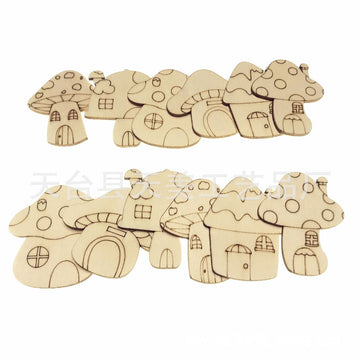 Unpainted wooden mushroom fairy house cutouts for kids' pretend play and craft embellishments, ideal for Easter and party decorations
