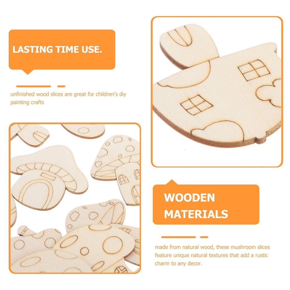 Unpainted wooden mushroom and fairy house cutouts for kids' pretend play, craft embellishments for Easter and party decorations