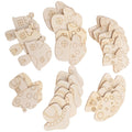 Unpainted wooden mushroom house cutouts for kids' pretend play, craft embellishments for Easter and party decorations.