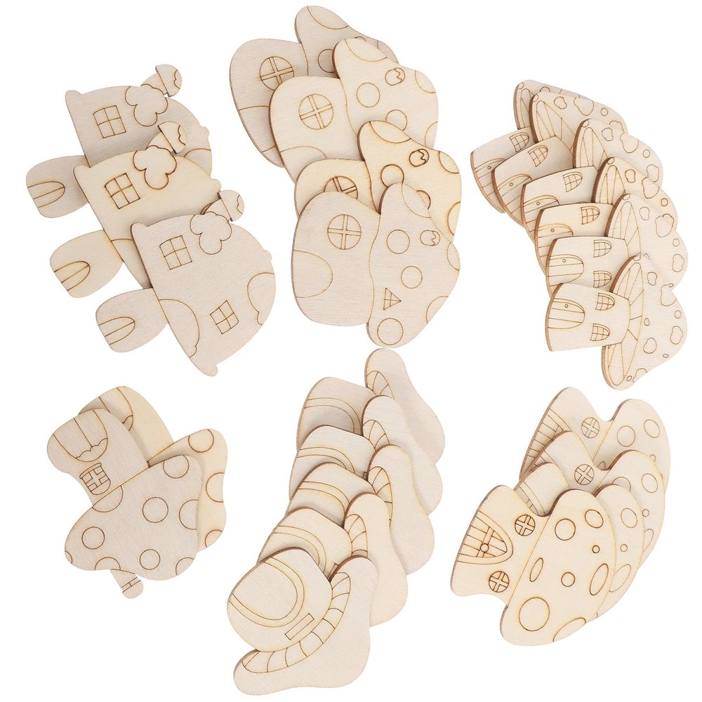 Unpainted wooden mushroom house cutouts for kids' pretend play, craft embellishments for Easter and party decorations.