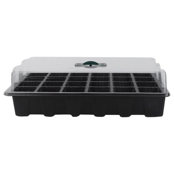 Black plastic seedling tray with lids, stackable gardening cells set, designed for easy storage and plant propagation.
