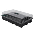 Stackable black plastic seedling tray with lids for gardening, featuring multiple cells for easy storage and plant growth.