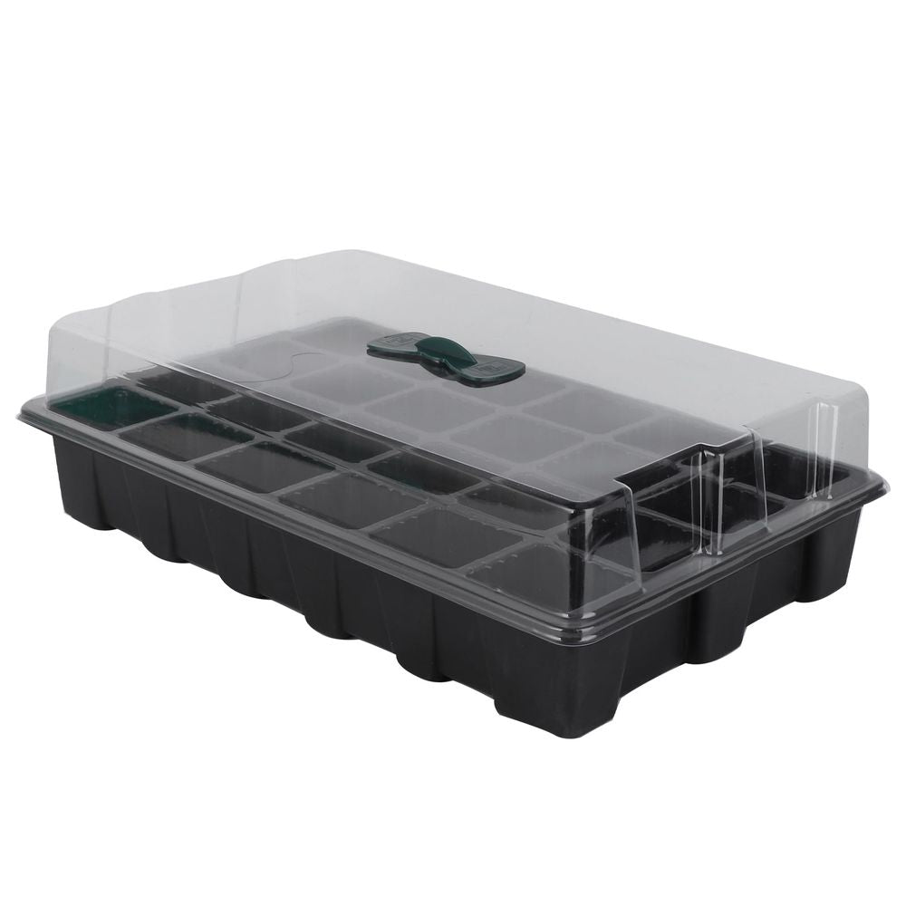 Stackable black plastic seedling tray with lids for gardening, featuring multiple cells for easy storage and plant growth.
