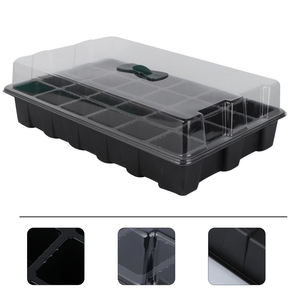Set of three black plastic seedling trays with lids for gardening, stackable and easy to store, suitable for plant seedlings.
