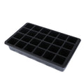 Black plastic seedling tray with lids, stackable gardening cells, 3-piece set for easy storage and plant propagation.