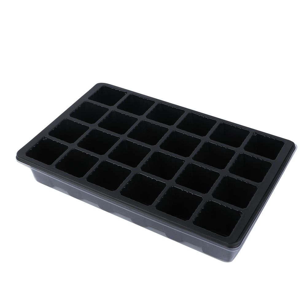 Black plastic seedling tray with lids, stackable gardening cells, 3-piece set for easy storage and plant propagation.