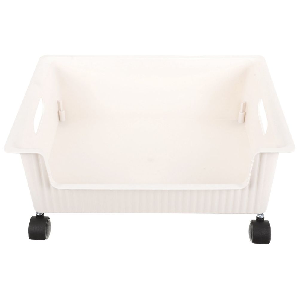 Plastic storage organizer with wheels for kids' books, 14.96x11.22x4.72 inches, from Everything Baby, ideal for dormitory or kid's room.