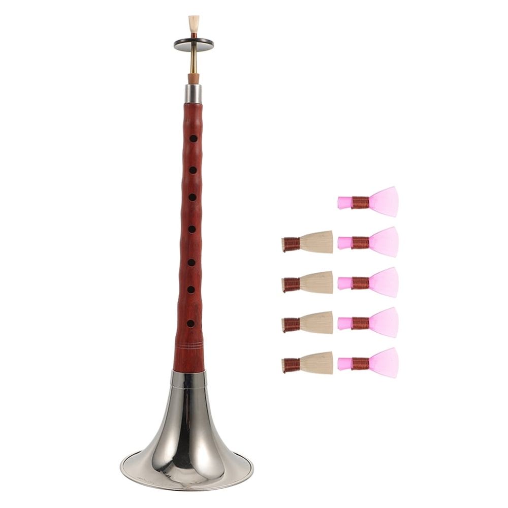 Chinese folk instrument set featuring metal and suona, suitable for kids, with dimensions 14.2x3.7x3.7 inches, in vibrant colors.