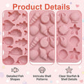 Two silicone fish and ocean animal molds featuring a shark and seashells, flexible baking molds for cake decorating and DIY crafts.