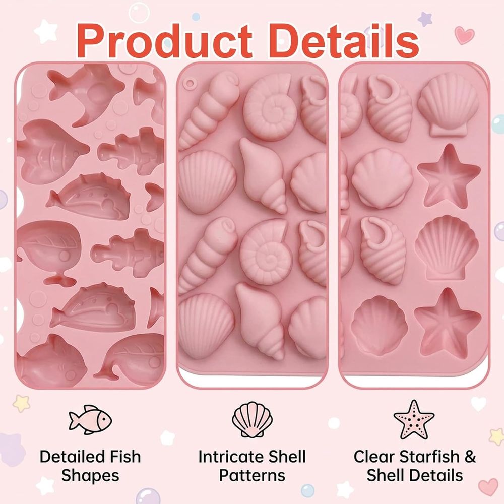 Two silicone fish and ocean animal molds featuring a shark and seashells, flexible baking molds for cake decorating and DIY crafts.