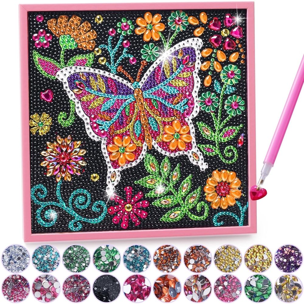 Kids diamond art craft kit by Everything Baby featuring diamond painting supplies and a wooden frame for girls aged 6-12.