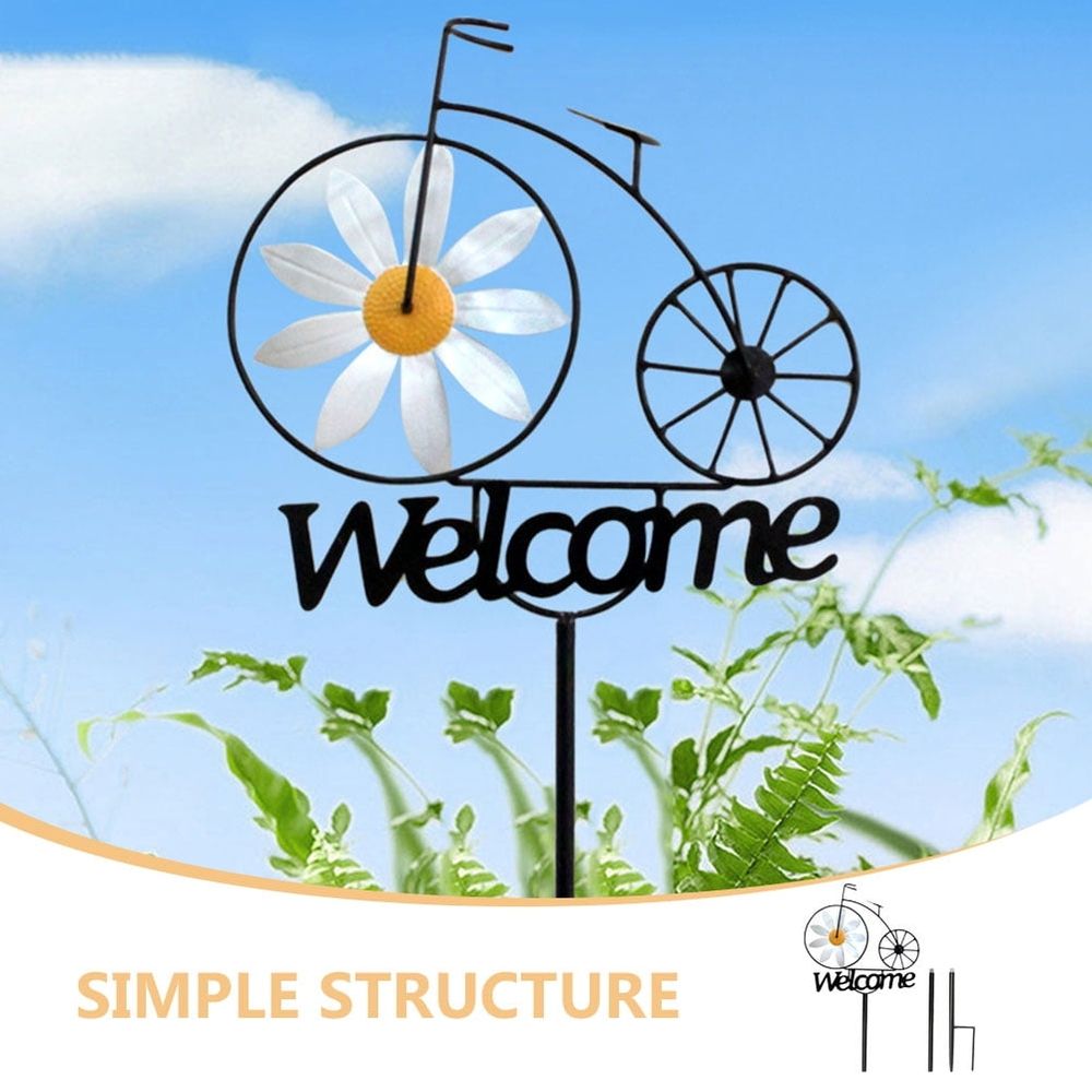 Colorful iron bike garden stake from Everything Baby, suitable for outdoor decor and garden ornamentation.