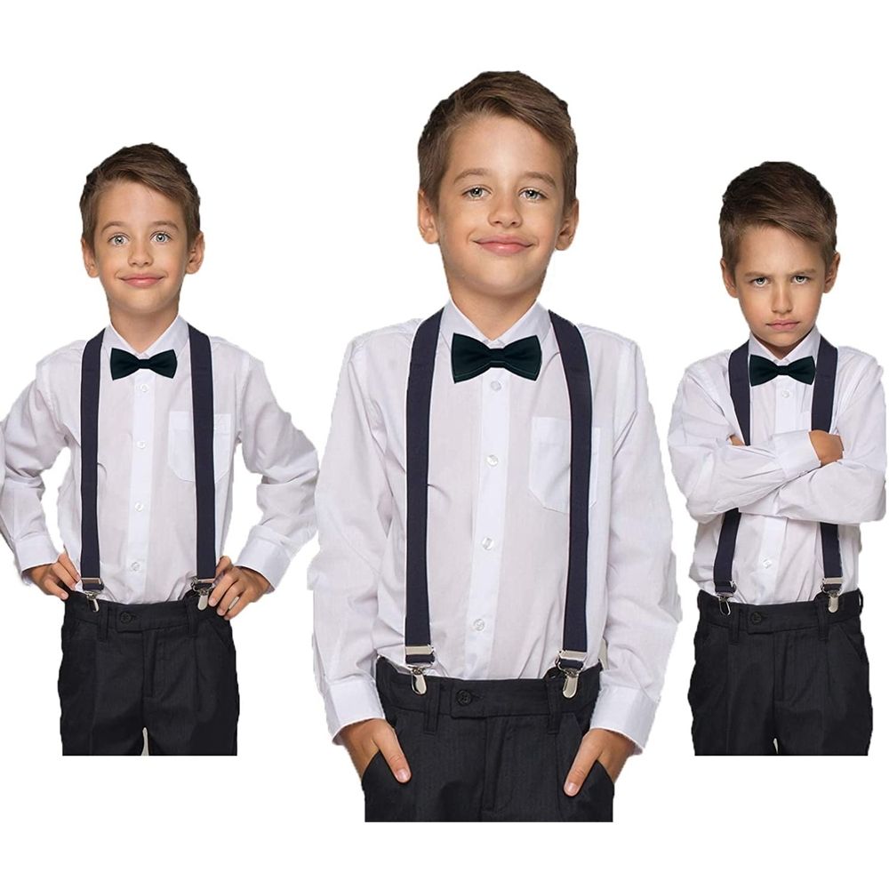 Black kids' adjustable elastic Y-back suspenders with three clips and stretchable waistband, suitable for boys and girls.