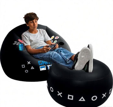 Inflatable gaming chair for kids and teens with cup holders and side pocket, perfect for gamer room décor and comfortable seating.