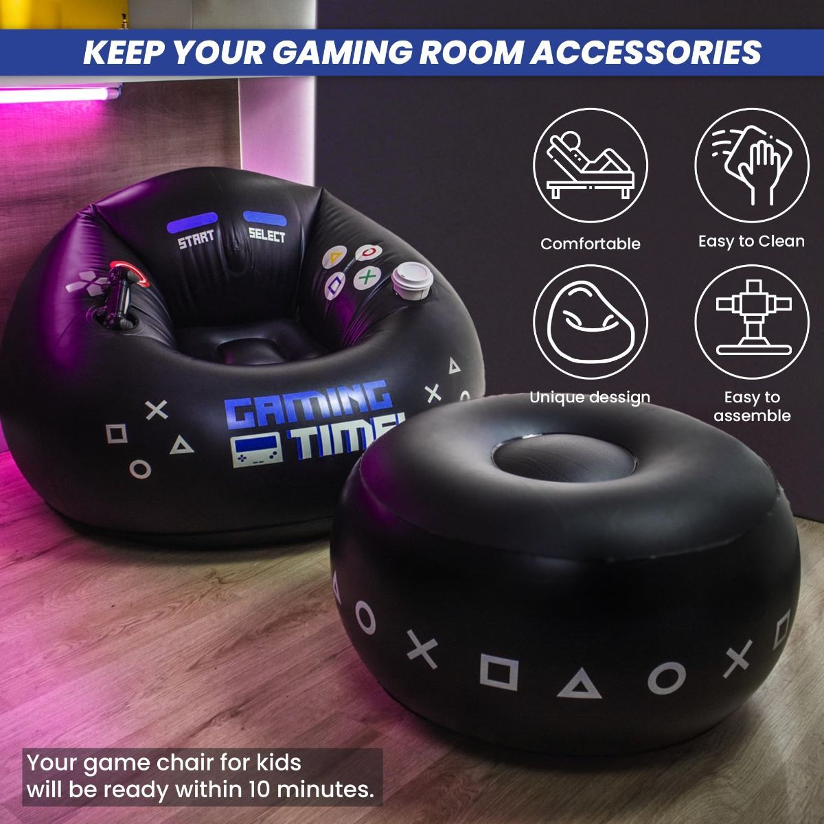 Inflatable gaming chair for kids and teens with cup holders and side pocket, ideal for gamer room decor and comfortable seating.