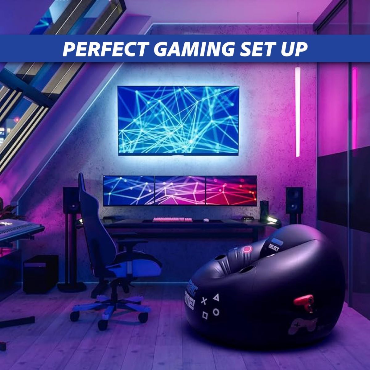 Inflatable gaming chair for kids and teens with cup holders and side pocket, perfect for gaming rooms and play areas.