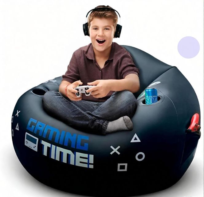 Inflatable gaming chair for kids and teens with cup holders and side pocket, perfect for gamer room decor and play area.