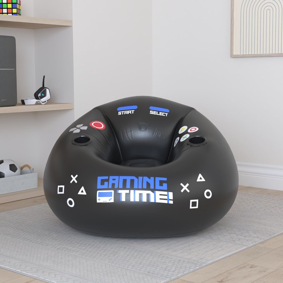 Inflatable gaming chair for kids with cup holders and side pocket, perfect for gamer rooms and kids' play areas.