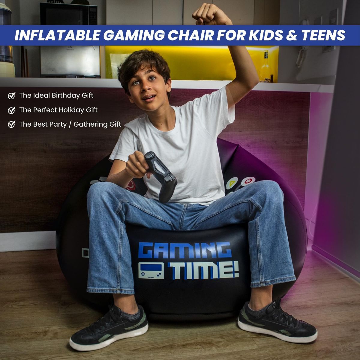 Inflatable gaming chair for kids with cup holders and side pocket, perfect for gamer room decor and comfortable seating.