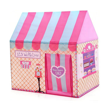 Pink kids’ ice cream bakery play tent by Everything Baby, outdoor pop-up playhouse for children, with colorful fabric and tunnel design.