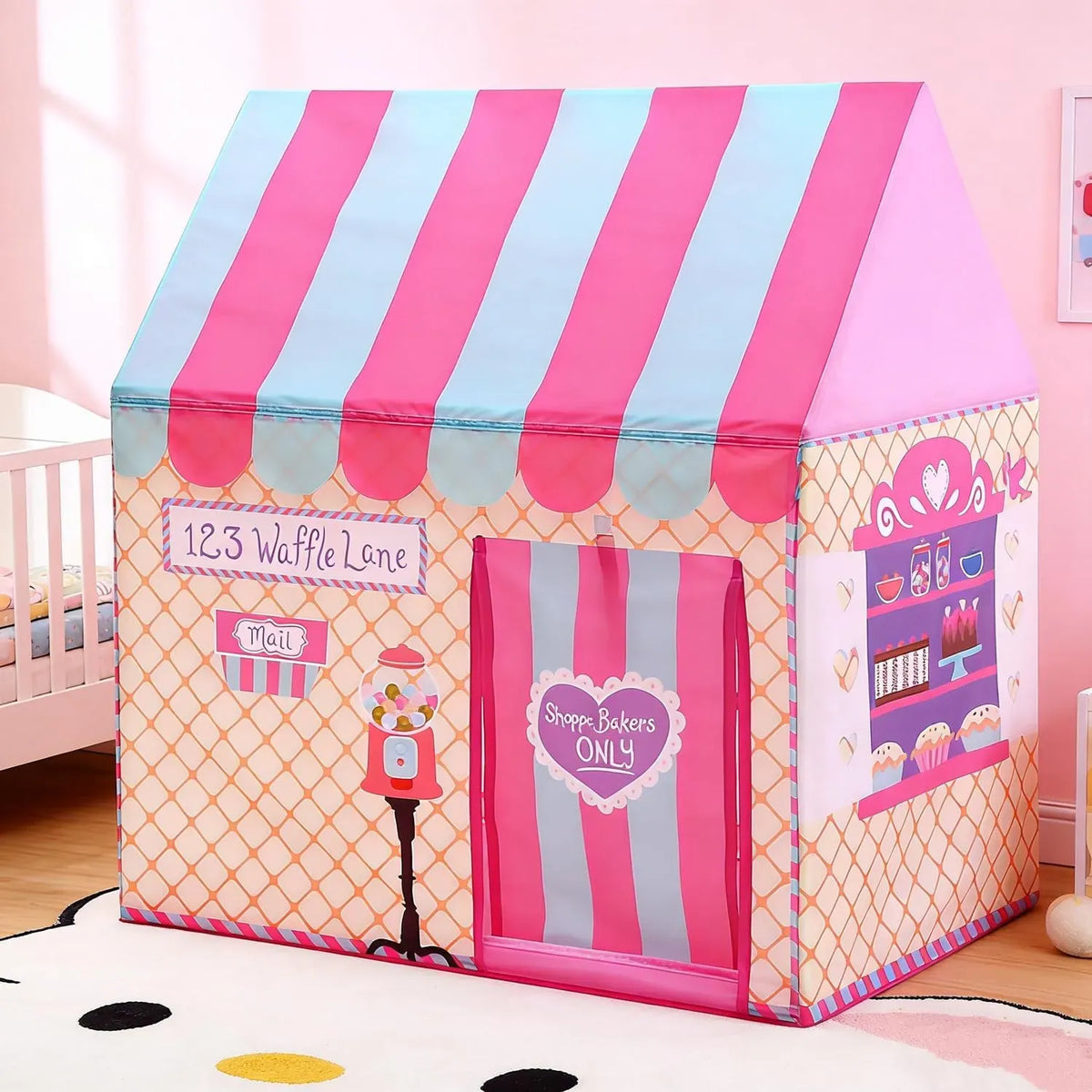 Pink pop-up playhouse tent for kids featuring ice cream and bakery theme, ideal for outdoor play and imaginative fun by Everything Baby.