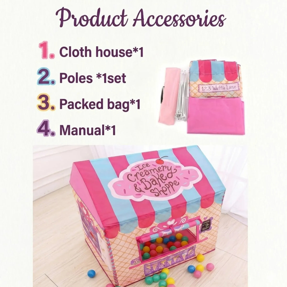 Pink Carla Home kids ice cream bakery play tent set up outdoors, featuring bright pink fabric and playful design for children's pretend play.