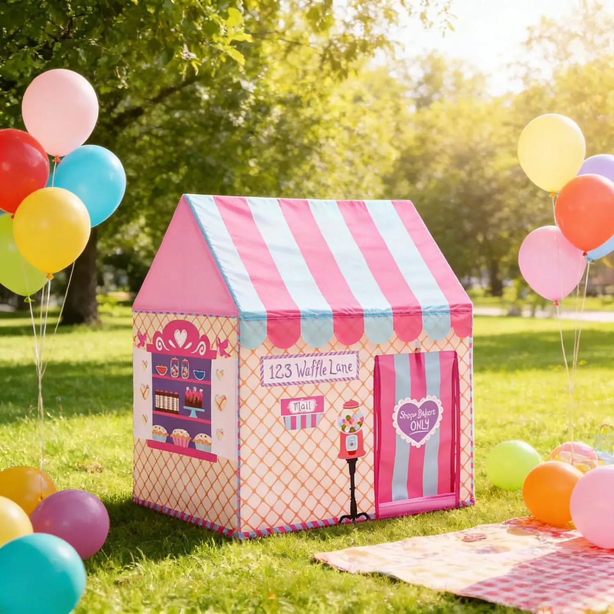 Pink kids' ice cream bakery play tent by Everything Baby, pop-up outdoor playhouse with fun bakery theme for kids.