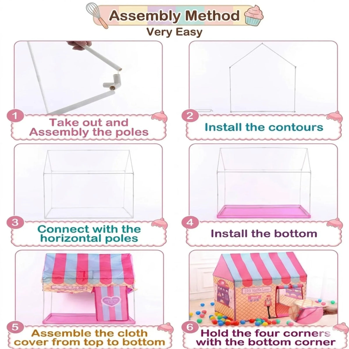 Pink kids' ice cream bakery play tent by Everything Baby, pop-up outdoor playhouse for children, with colorful design and tunnel access.