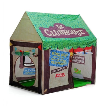 Green Carla Home Kids Clubhouse Play Tent by Everything Baby, outdoor play equipment for kids, with fabric walls and tunnel entrance.